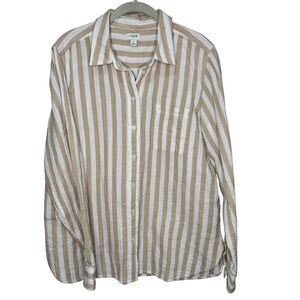 J.Crew Shirt Womens 2025 Large Tan White Stripe Button Front Cotton Long Sleeve